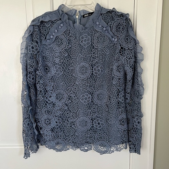 INA Lace Crochet Overlay Ruffle Long Sleeve High Neck Blouse Coquette Size Large - Picture 1 of 13